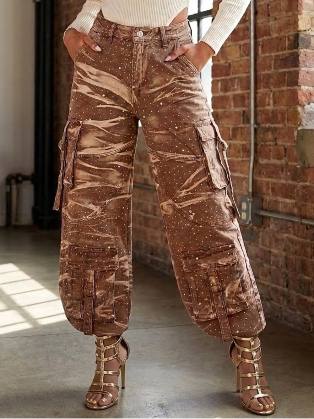 American Bazi Brown Tiger-Stripe Camouflage Rhinestone Cargo Pants